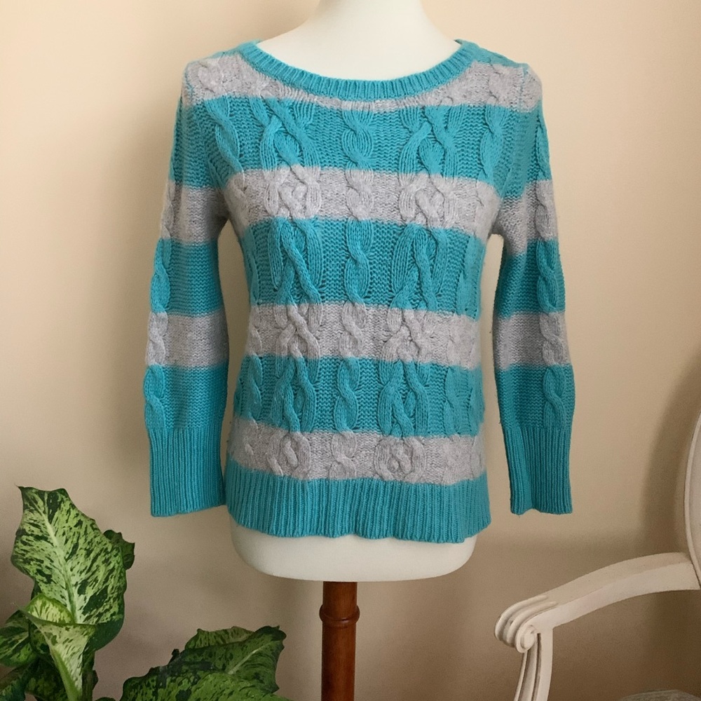 Ann Taylor LOFT Striped Blue and Gray Sweater